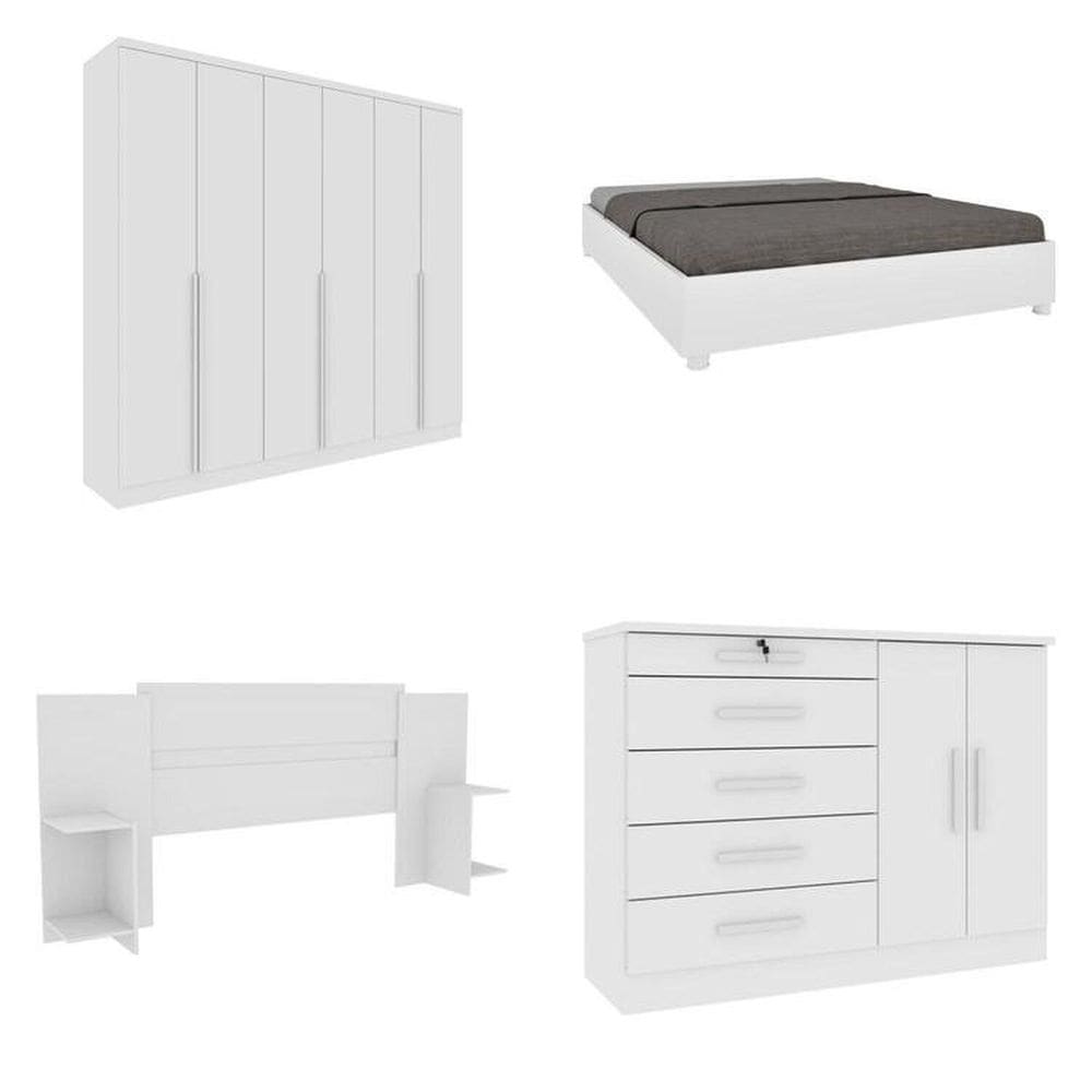 Quarto Casal Completo Guarda-Roupa 6 portas Londres Cama Mônaco com Cabeceira Cômoda Istambul Espresso Móveis Neve