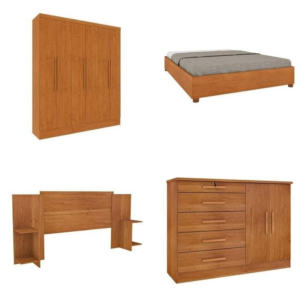 Quarto Casal Completo Guarda-Roupa 6 portas Munique Cama Mônaco com Cabeceira Cômoda Istambul Espresso Móveis Cinamomo