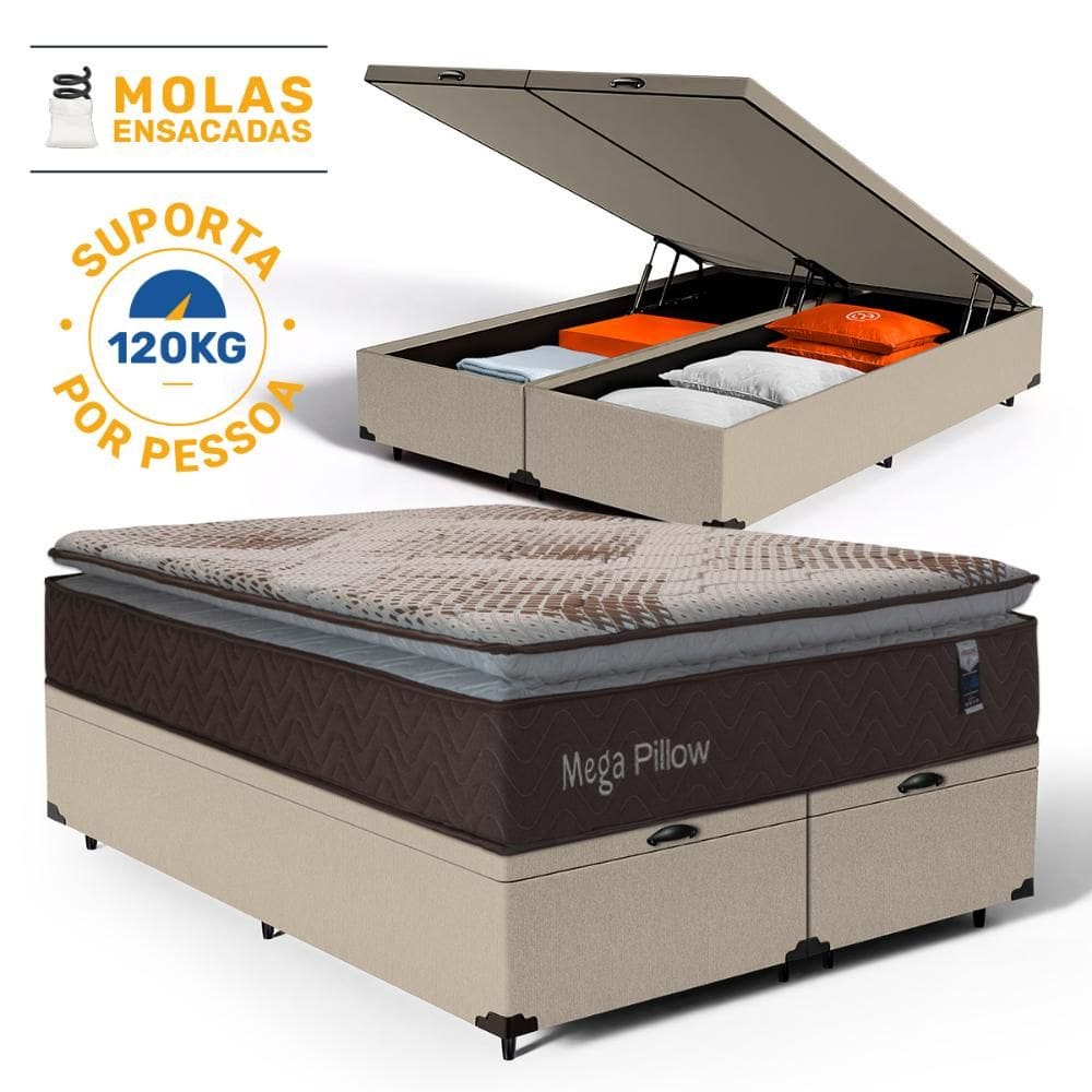 Cama Box Baú com Colchão de Molas Ensacadas Mega Pillow Queen 158cm