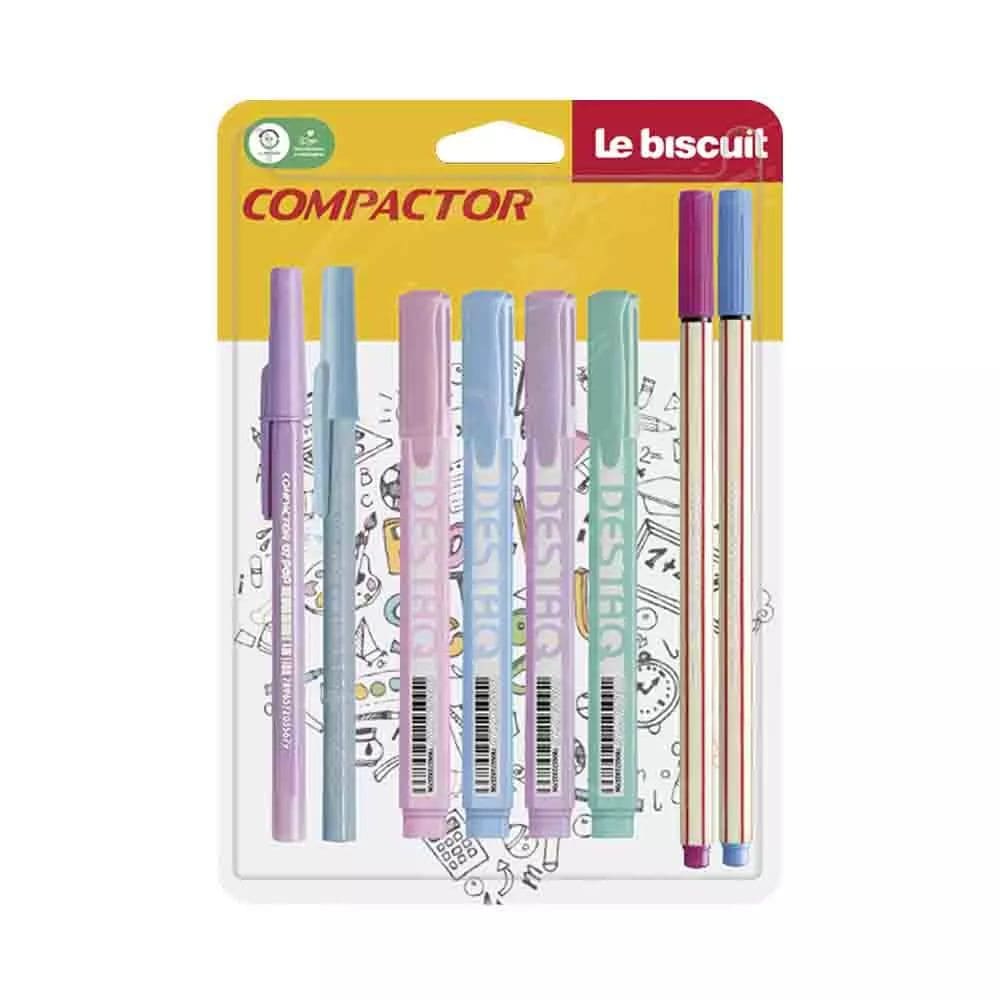 Kit Escrita Compactor 2 Canetas Pop, 2 Canetas Microlines, 4 Marcadores Destaq Pastel Exclusivo Le