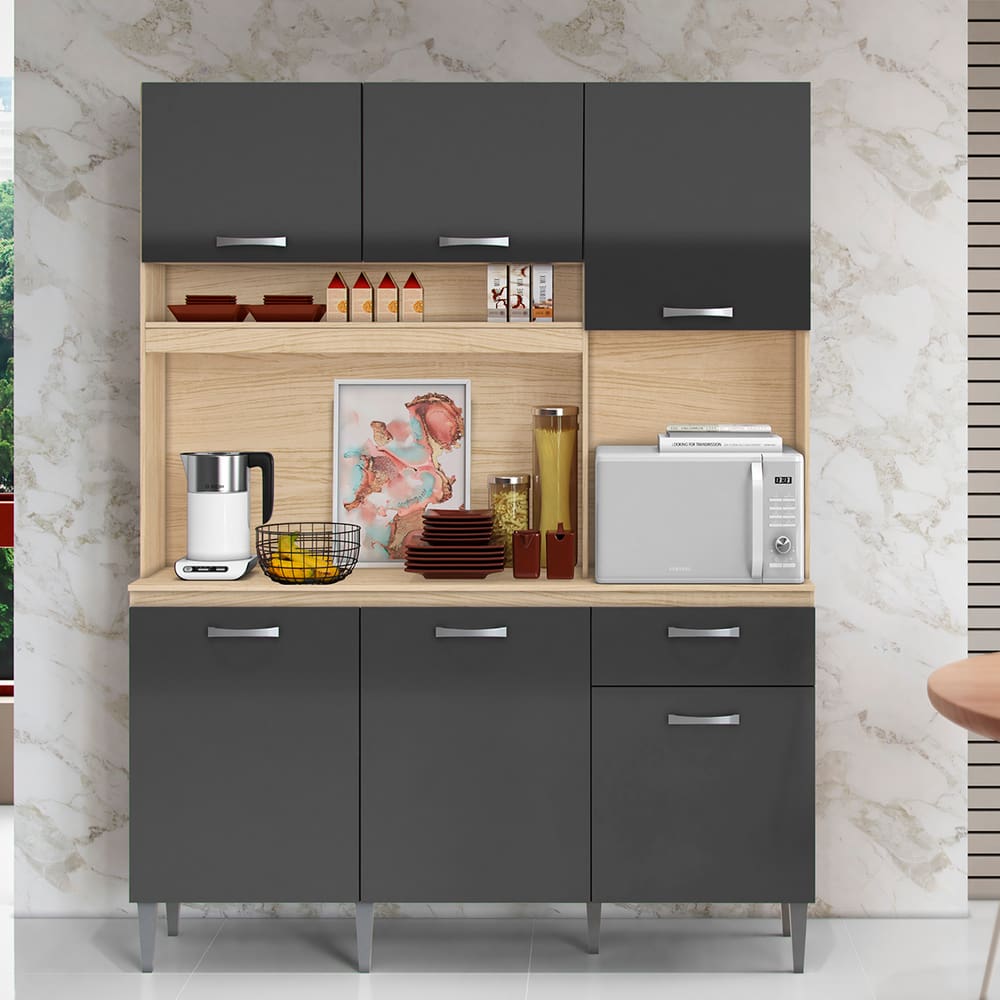 Kit Cozinha Siena 6 Pts e 1 Gaveta Aramóveis A2 Beleza e Espaço para Sua Casa Brilhar Avena Gravite