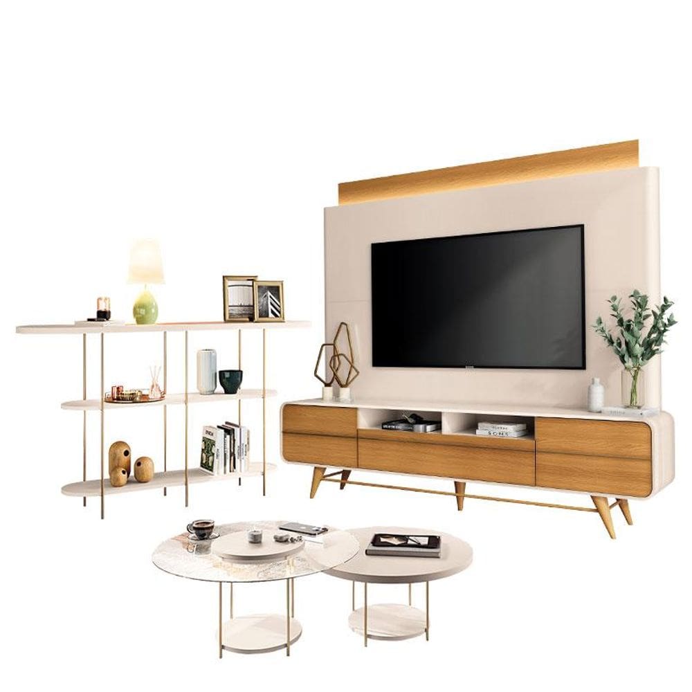 Estante Home Theater Nobre Off White Cinamomo e Aparador Infinity e Kit Mesa de centro Sky Off White– HB Móveis