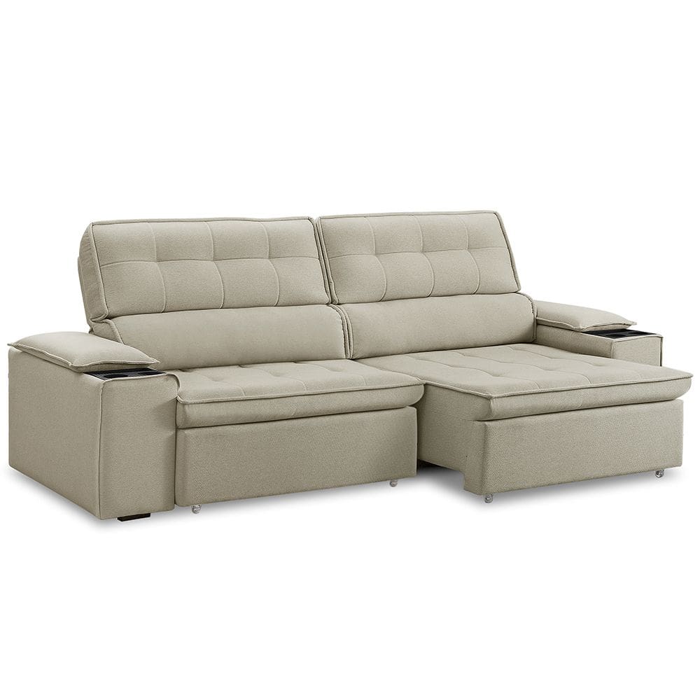 Sofá Retrátil Reclinável 3 Lugares Sala de Estar 215cm Bilac F04 Linho Bege - Lyam Decor