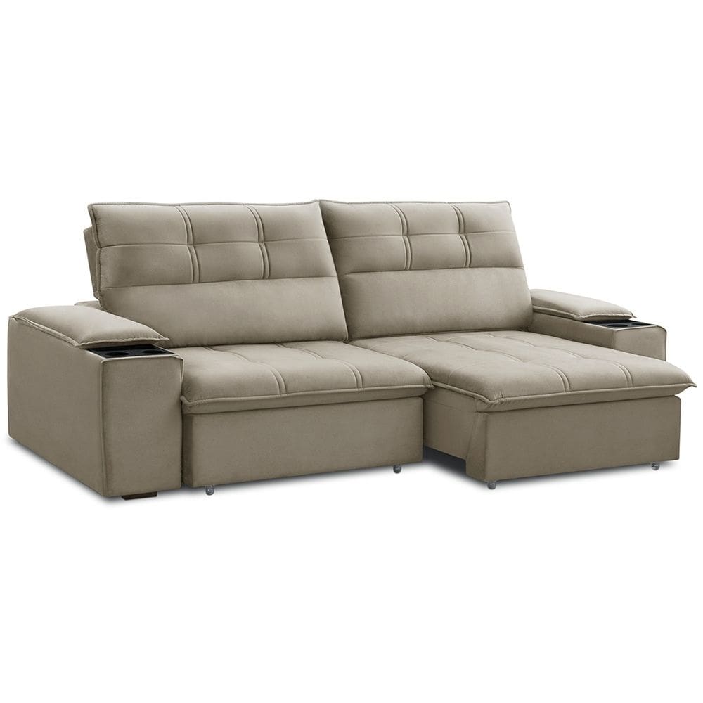 Sofá Retrátil Reclinável 3 Lugares Sala de Estar 205cm Merida F04 Veludo Marrom Claro - Lyam Decor