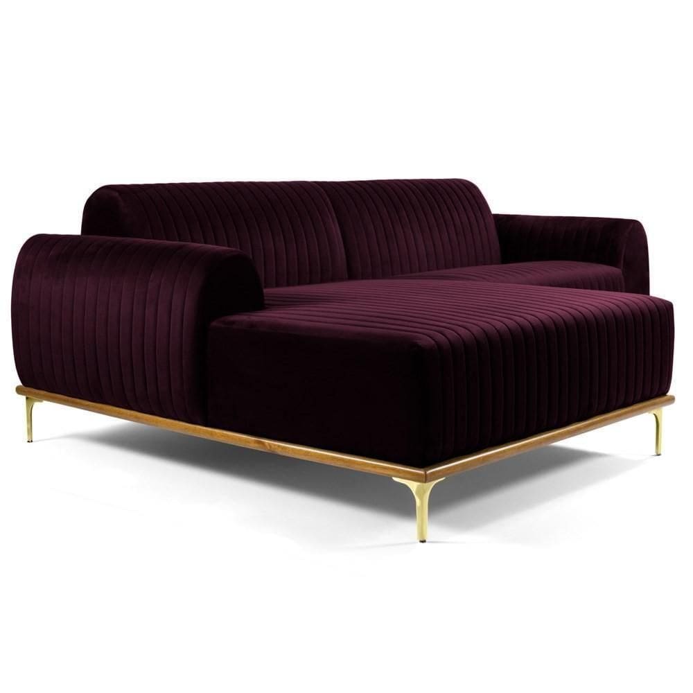 Sofá 265cm 4 Lugares Com Chaise Esquerdo Pés Gold Molino C-292 Veludo Uva - Domi