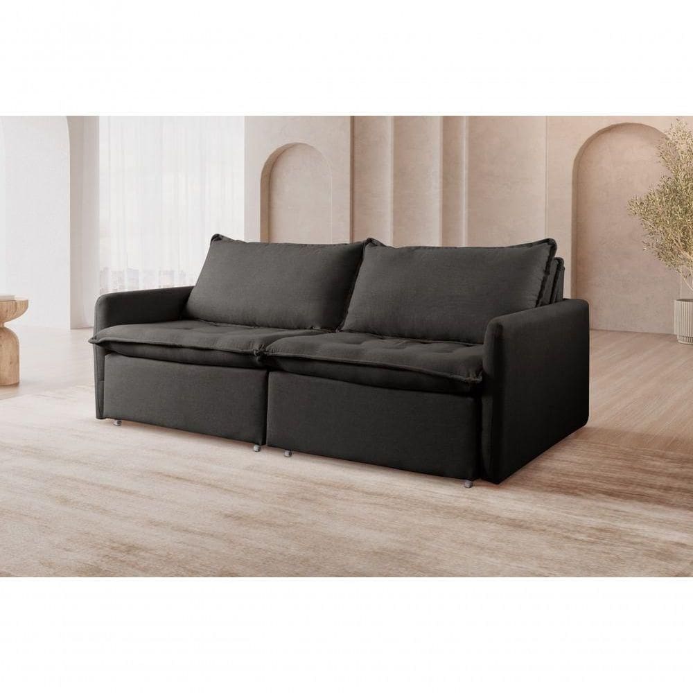Sofá Retrátil Cama Califórnia Para Sala 220 Cm linho Preto