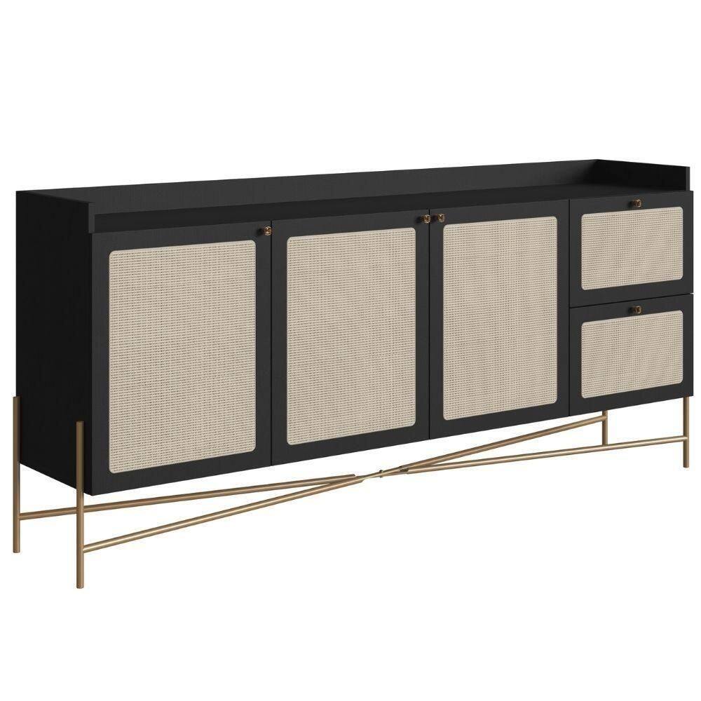 Balcão Buffet 3 Portas Oslo Artesano 183 Cm (largura) Mdp Nero Palha Sintética Bege Pé Metal Dourado