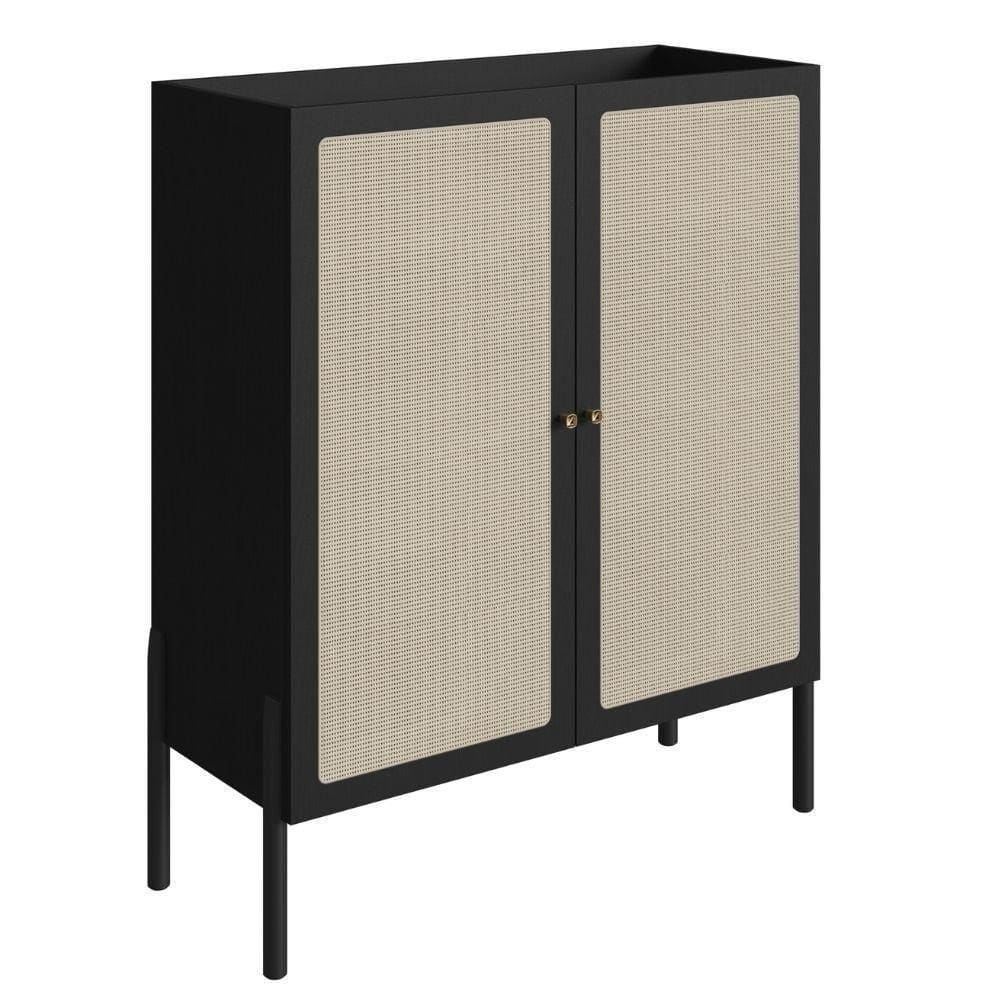 Cristaleira Bar Armário Alto Oslo Artesano 93 Cm (larg) Mdp Nero Palha Sintética Base Madeira Maciça