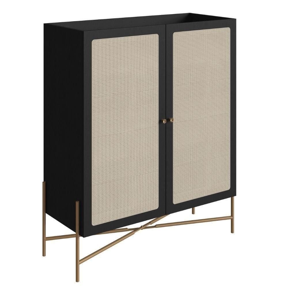 Cristaleira Bar Armário Alto Oslo Artesano 93 Cm (larg) Mdp Nero Palha Sintética Base Metal Dourado