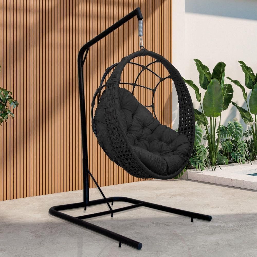 Cadeira Balanço Ninho Suspenso Em Corda Náutica Luxo Com Suporte Preto