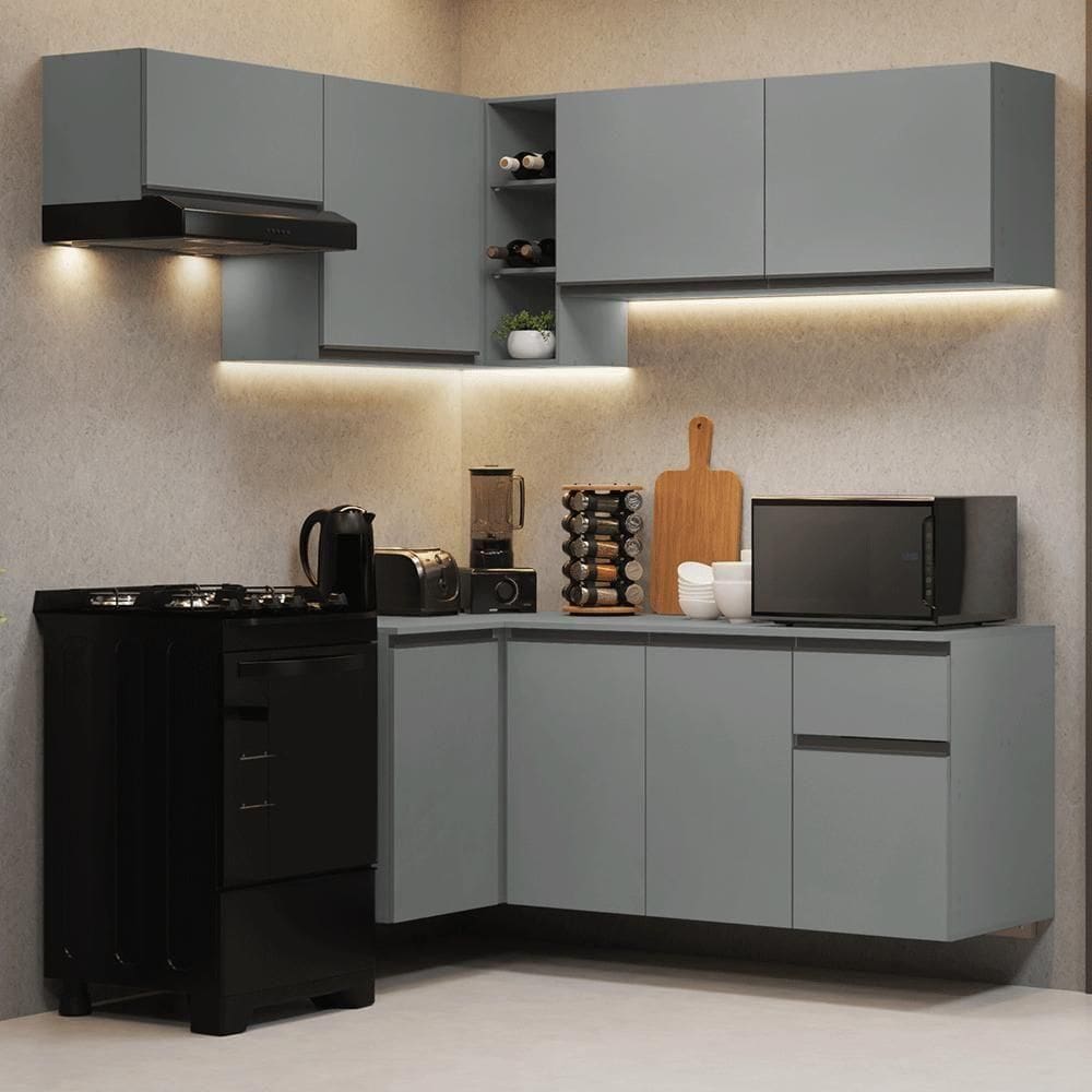 Armário De Cozinha Completa De Canto Suspenso 325cm Nice Madesa 05 Cinza
