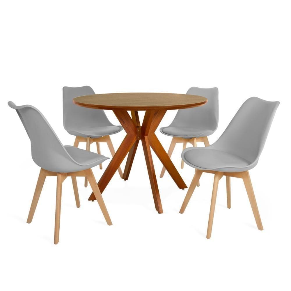 Conjunto Mesa De Jantar Redonda Marci Premium 100cm Natural Com 4 Cadeiras Leda - Cinza