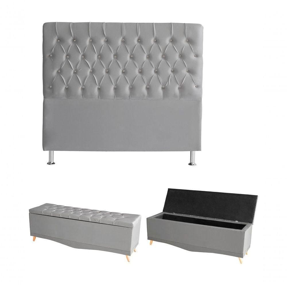 Kit Estrela Cabeceira De Cama Box E Calçadeira Baú Pés Palito Botão Cristal Queen 160 Cm Suede Prata Eli Móveis