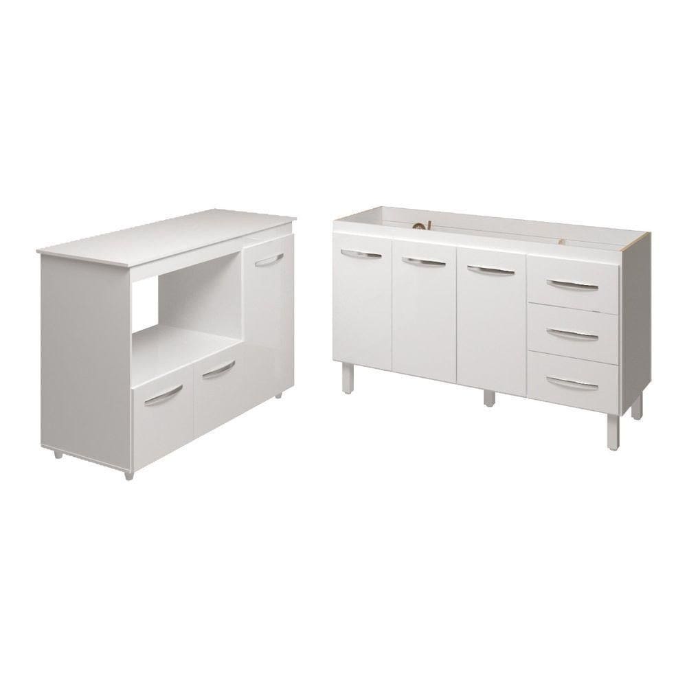 Balcão Armário Cozinha Carine Gabinete De Pia 140 Cm E Balcão Lilian Para Forno Elétrico E Microondas Branco