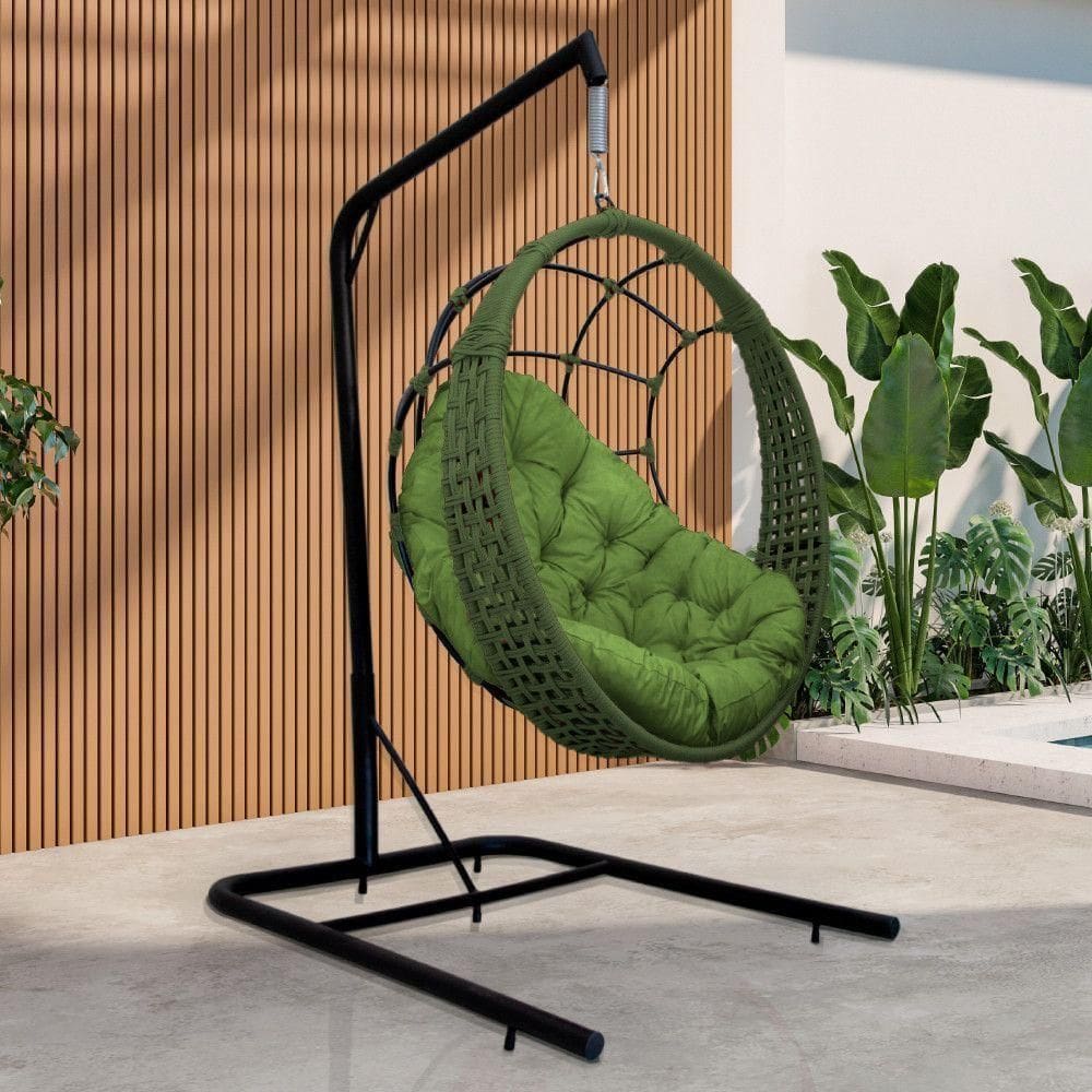 Cadeira Balanço Ninho Suspenso Em Corda Náutica Luxo Com Suporte Verde