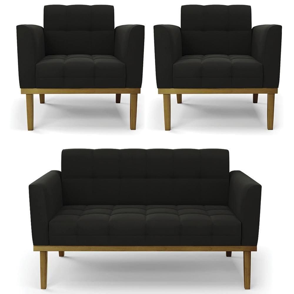 Sofá Namoradeira E 2 Poltronas Base Madeira Castanho Ana Suede Preto - Ibiza
