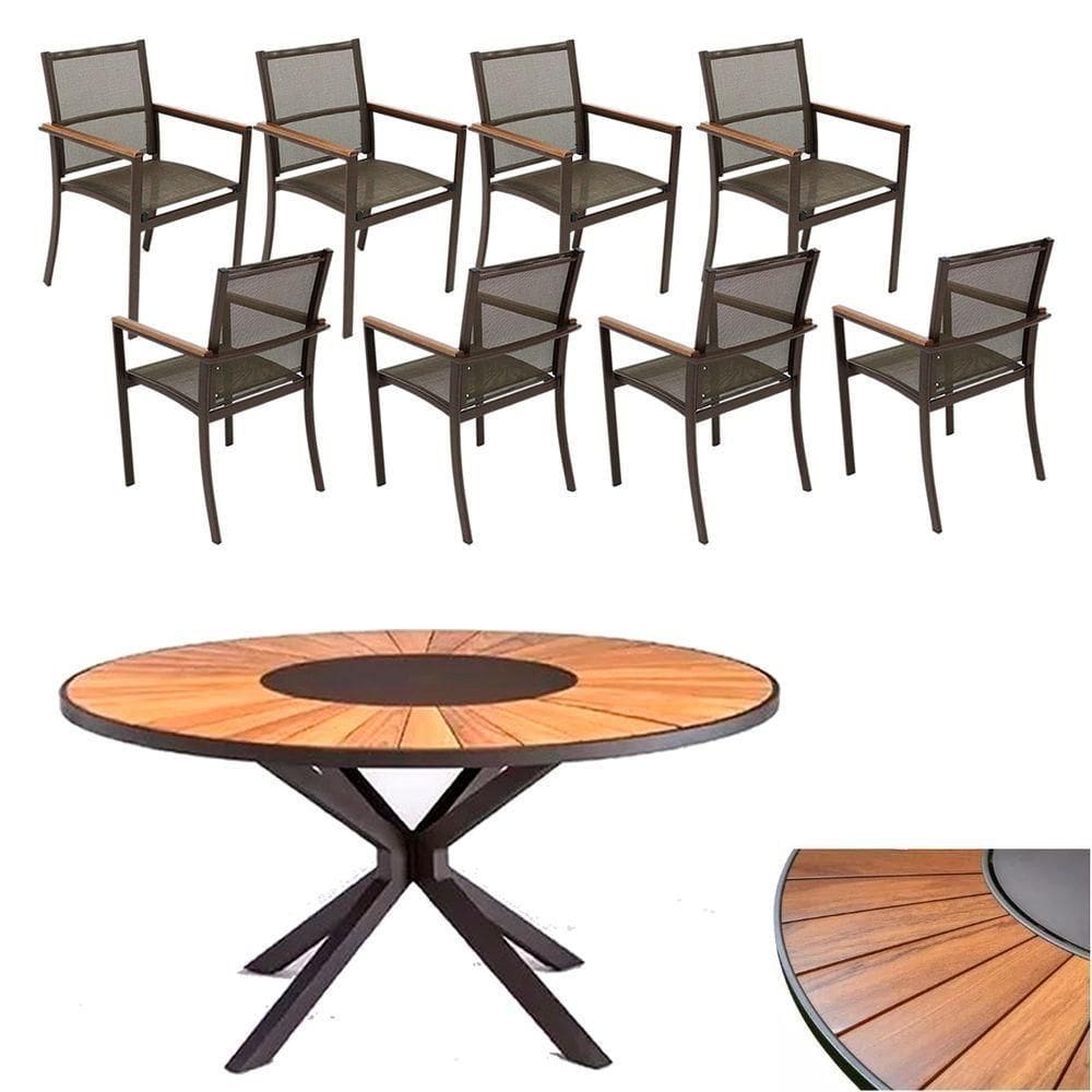 Conjunto De Mesa Jantar 1,80m Zurick Madeira Pétalas 8 Poltronas Amélia Tela Sling E Alumínio Marrom