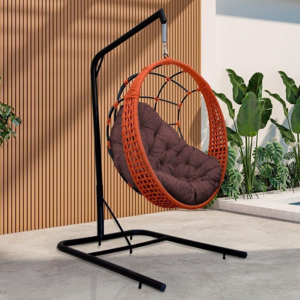Cadeira Balanço Ninho Suspenso Em Corda Náutica Luxo Com Suporte Ocre-marrom