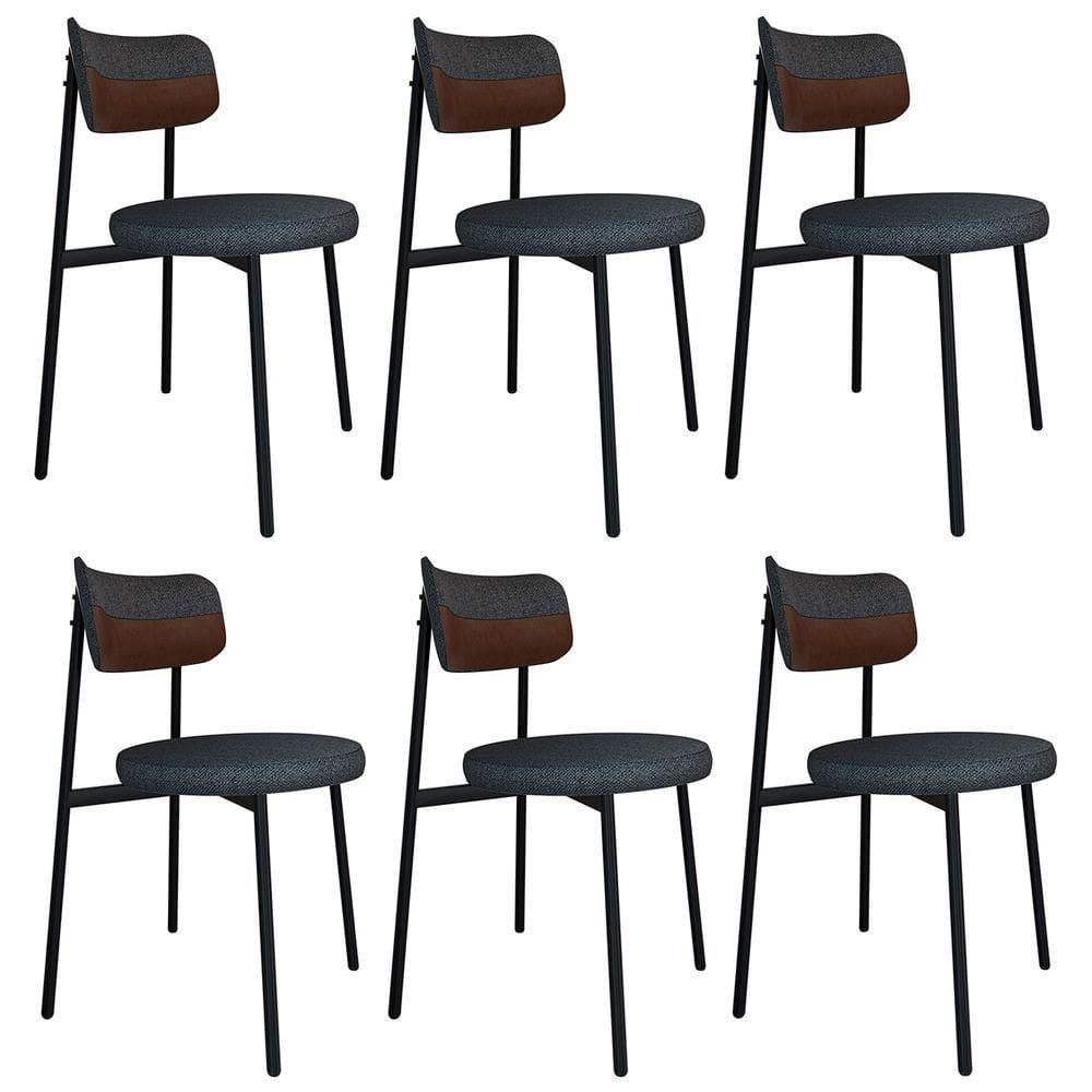 Cadeira De Jantar Estofada Kit 6 Nyka M25 Linho Grafite/whisky - Mpozenato