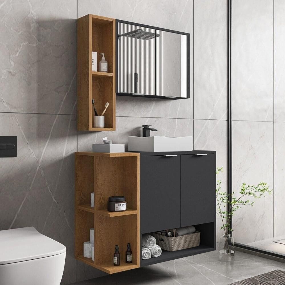 Gabinete De Banheiro Suspenso Com Cuba E Espelheira 70cm Multimóveis Cr10125 Preto Fosco Naturalle