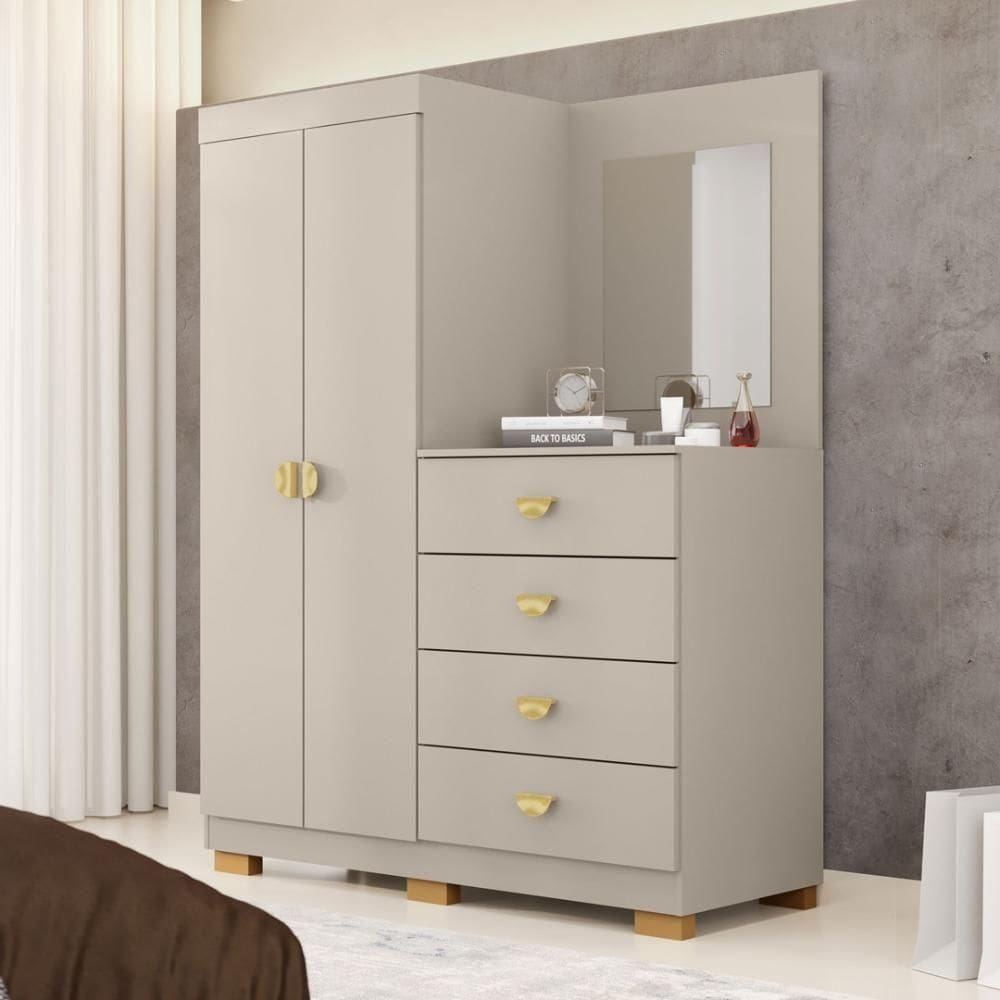 Cômoda Roupeiro Com Espelho 2 Portas 4 Gavetas Cristal - Fendi Fendi