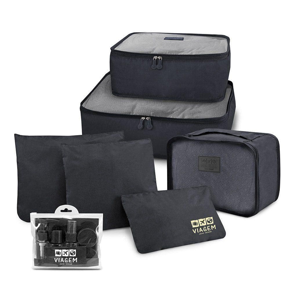 Kit Organizador De Malas + Frascos De Viagem 7 Peças Preto