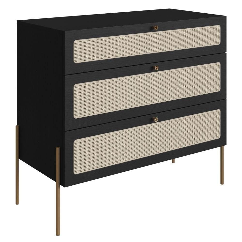 Cômoda 3 Gavetas Oslo Artesano 93 Cm (largura) Em Mdp Nero Palha Sintética Bege Pé Metal Dourado
