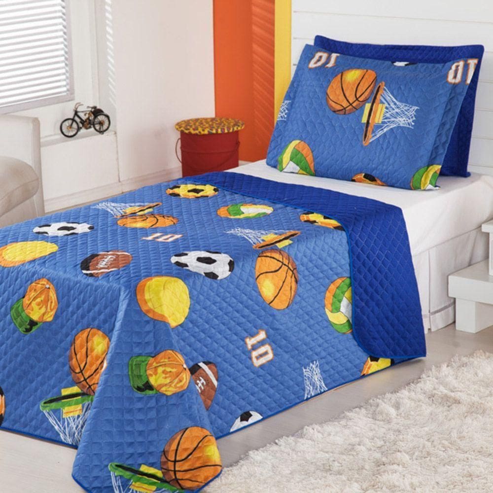 Cobre Leito Colcha Solteiro Alegria 2 Peças Futebol Azul 100% Poliéster