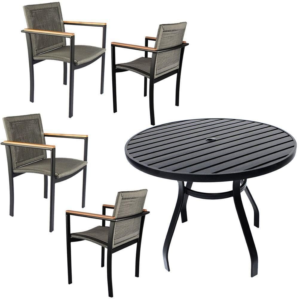 Jogo De Mesa Ripada 1,00m 4 Poltronas Amélia Corda Náutica Para Jantar Jardim Piscina Cinza