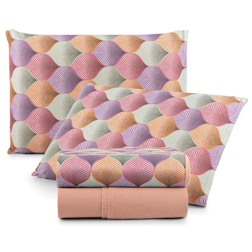 Jogo Cama Lençol Casa Scarpa Sonnet Casal Padrão Malha Estampada Algodão 4 Peças - Mosaico - Salmão