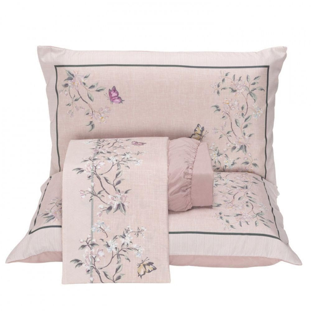 Jogo Cama Lençol Casa Scarpa Santorini Queen Estampa Florida Percal 300 Fios 4 Peças - Ramos Malva