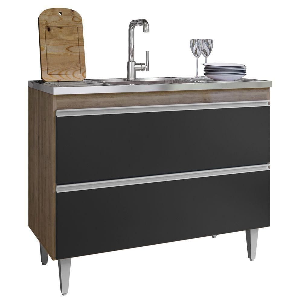 Balcão De Cozinha Com Pia Inox 100cm Julia Z34 Freijó/preto - Mpozenato