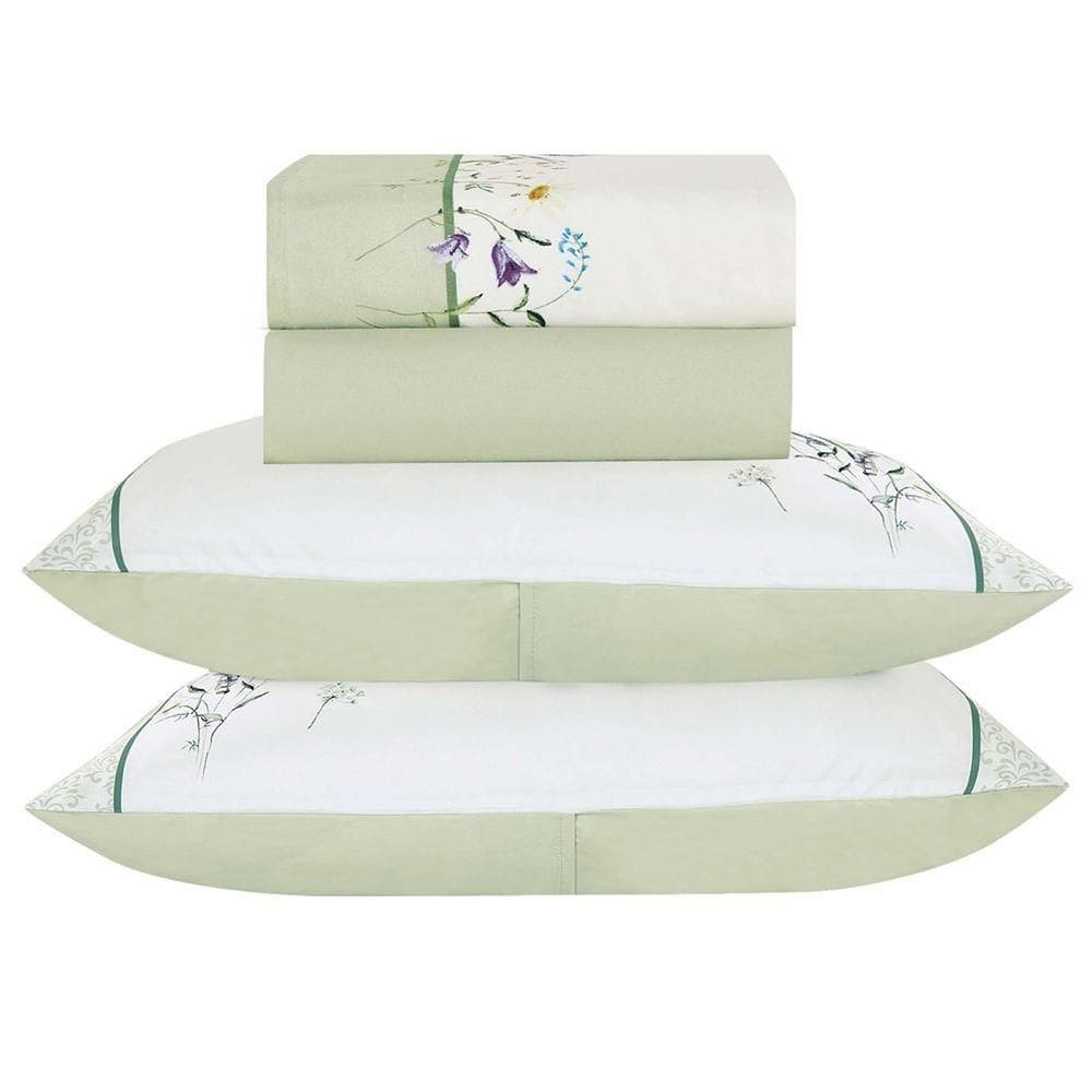 Jogo De Cama Lençol Queen Bouquet Percal 300 Fios 4 Peças Verde 100% Poliéster