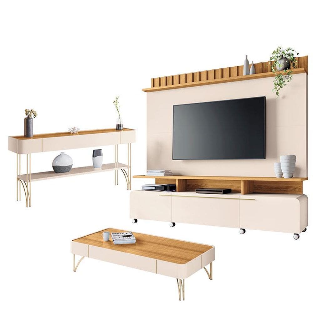 Estante Home Theater Artís e Aparador Vivant e Mesa de Centro Cadenza Off White Cinamomo - HB Móveis