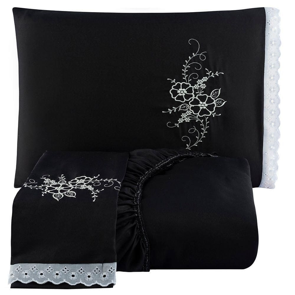 Jogo De Cama Lençol Queen Bordado Advance 3 Peças Preto 100% Poliéster