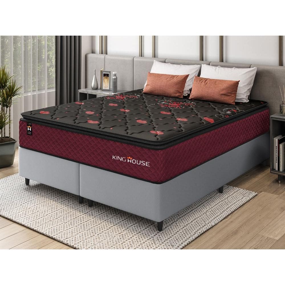 Conjunto Cama Box c/ Molas Ensacadas Toronto Vermelho King 193x203x66