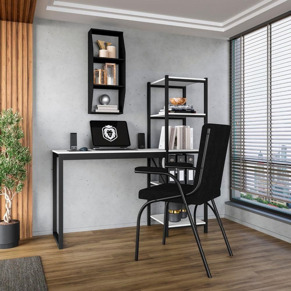 Home Office Fit Com Prateleira Preto Branco 5