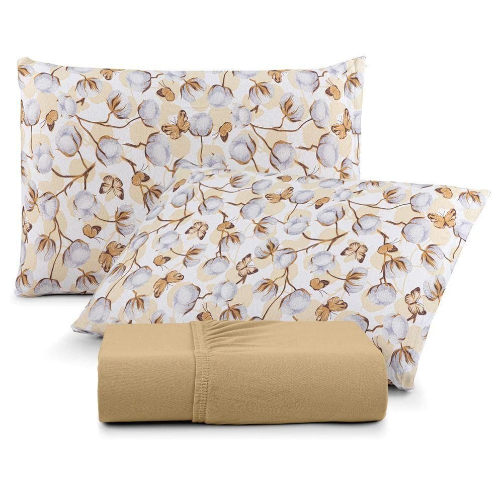 Jogo De Cama Lençol Sonho Bom Queen Em Malha Algodão 3 Peças Mostarda 100% Algodão