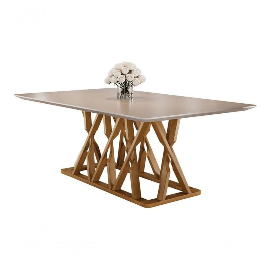 Mesa De Jantar Moderna Madeira Maciça Com Vidro 2,40x1,10m Quartzo