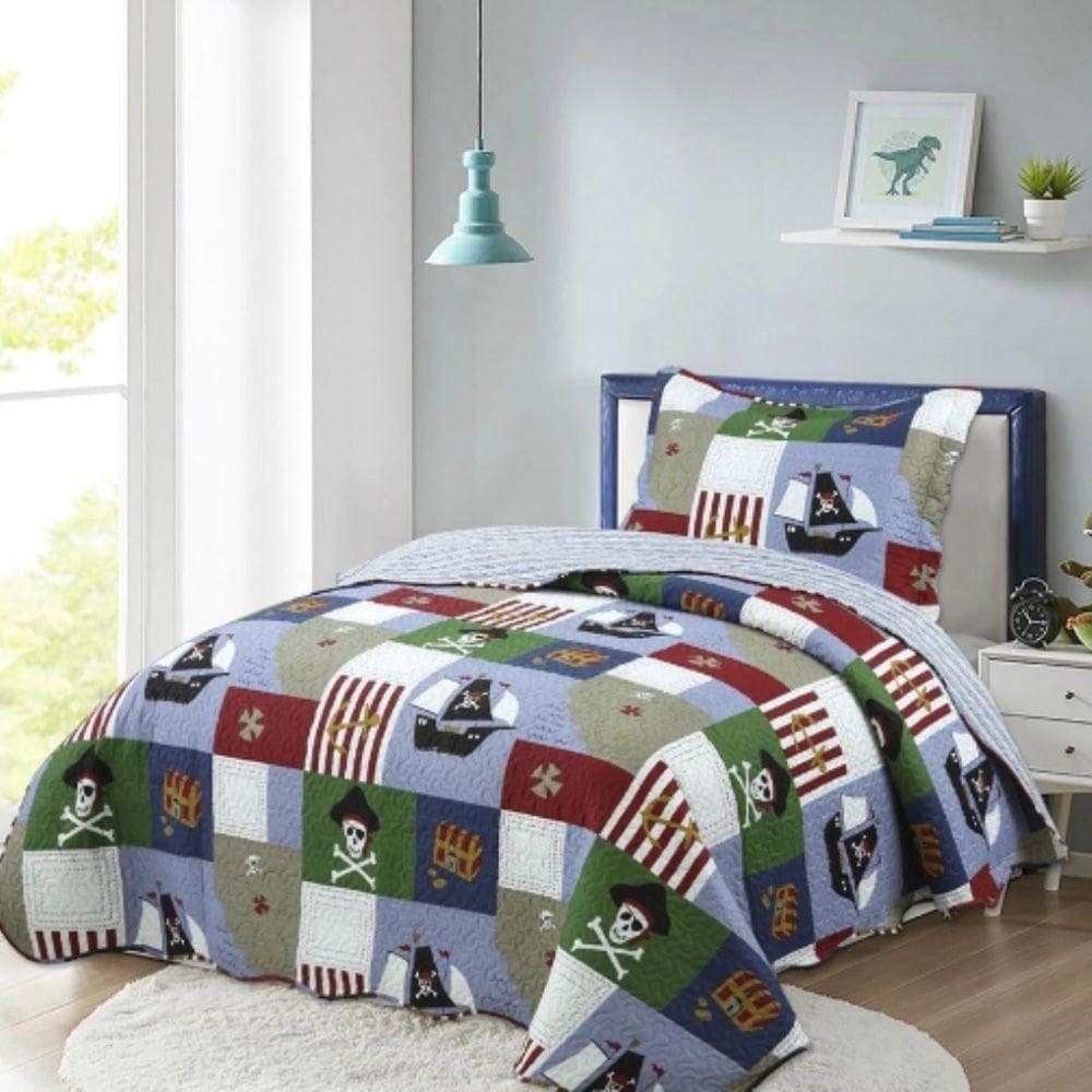 Kit Cobre Leito Colcha Solteiro Infantil Studio Dupla Face Estampado 2 Peças - Pirata - Azul - 100% Poliéster