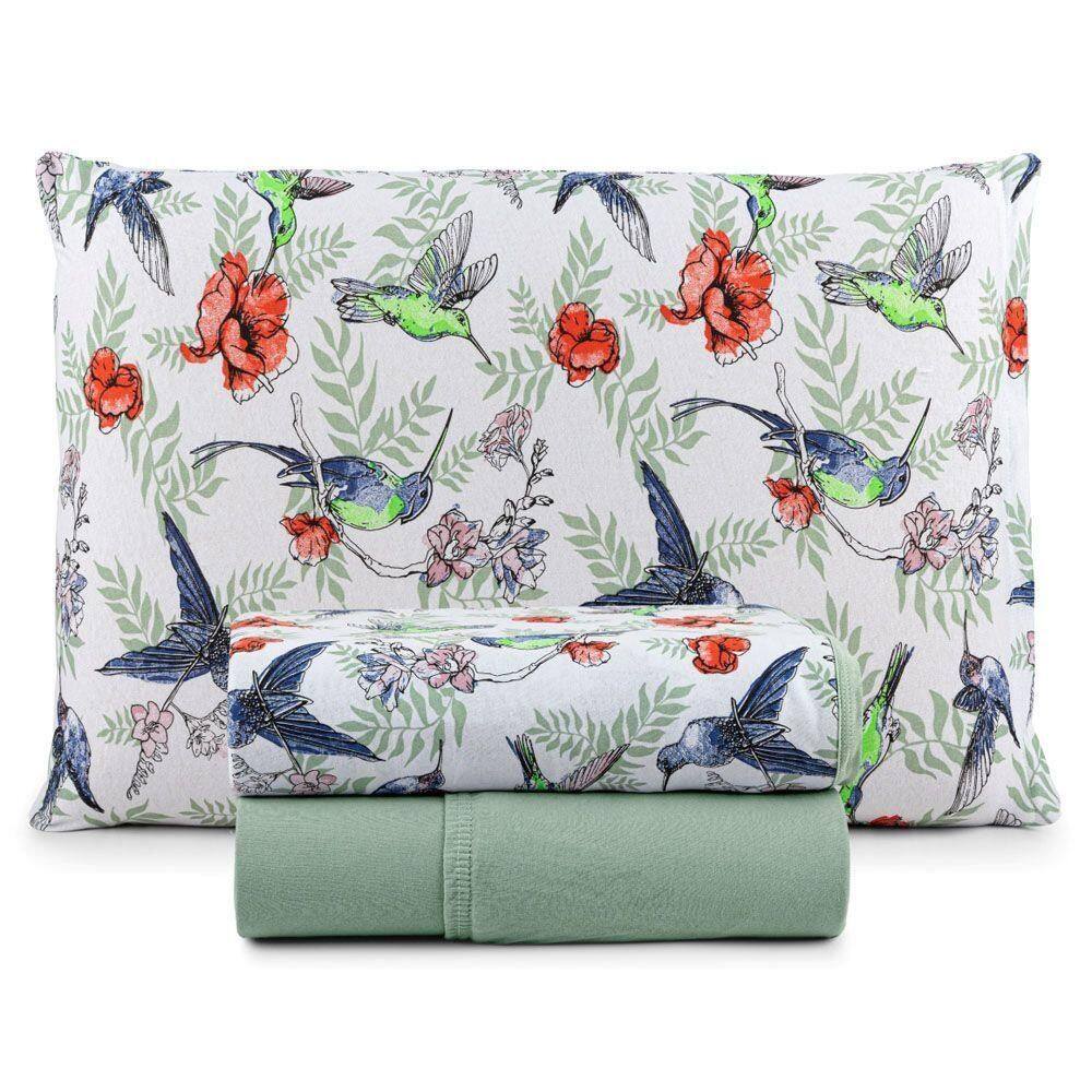 Jogo Cama Lençol Casa Scarpa Sonnet Solteiro Malha Estampada Algodão 3 Peças - Beija Flor - Verde