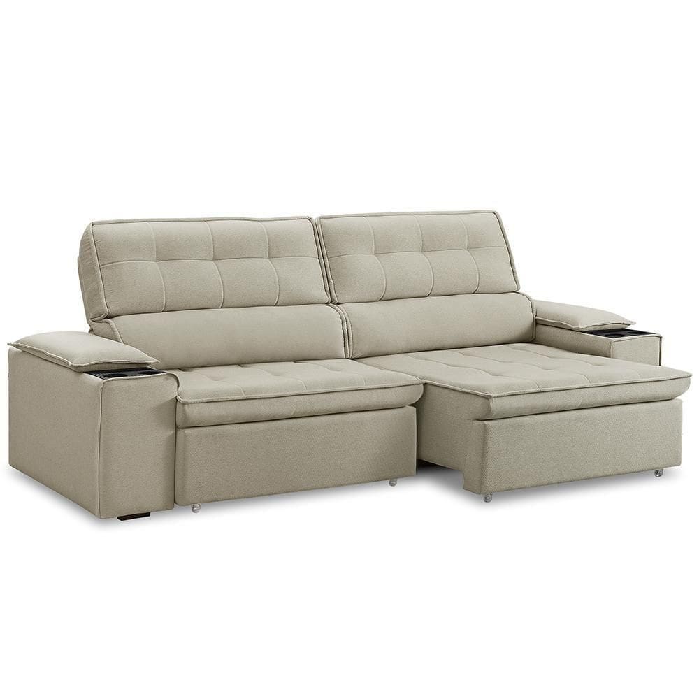 Sofá Retrátil Reclinável 3 Lugares Sala De Estar 215cm Bilac F04 Linho Bege - Lyam Decor