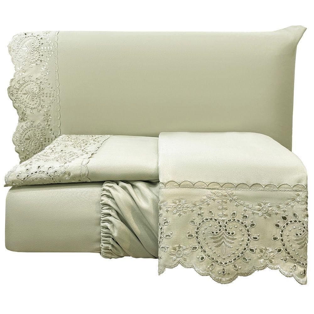 Jogo De Cama Lençol King Nupcial Percal 300 Fios 4 Peças Bege 100% Poliéster