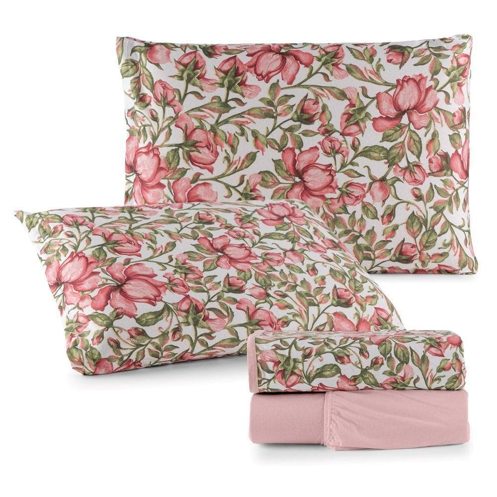 Jogo De Cama Lençol Sonho Bom Queen Em Malha 4 Peças Rosê 100% Algodão