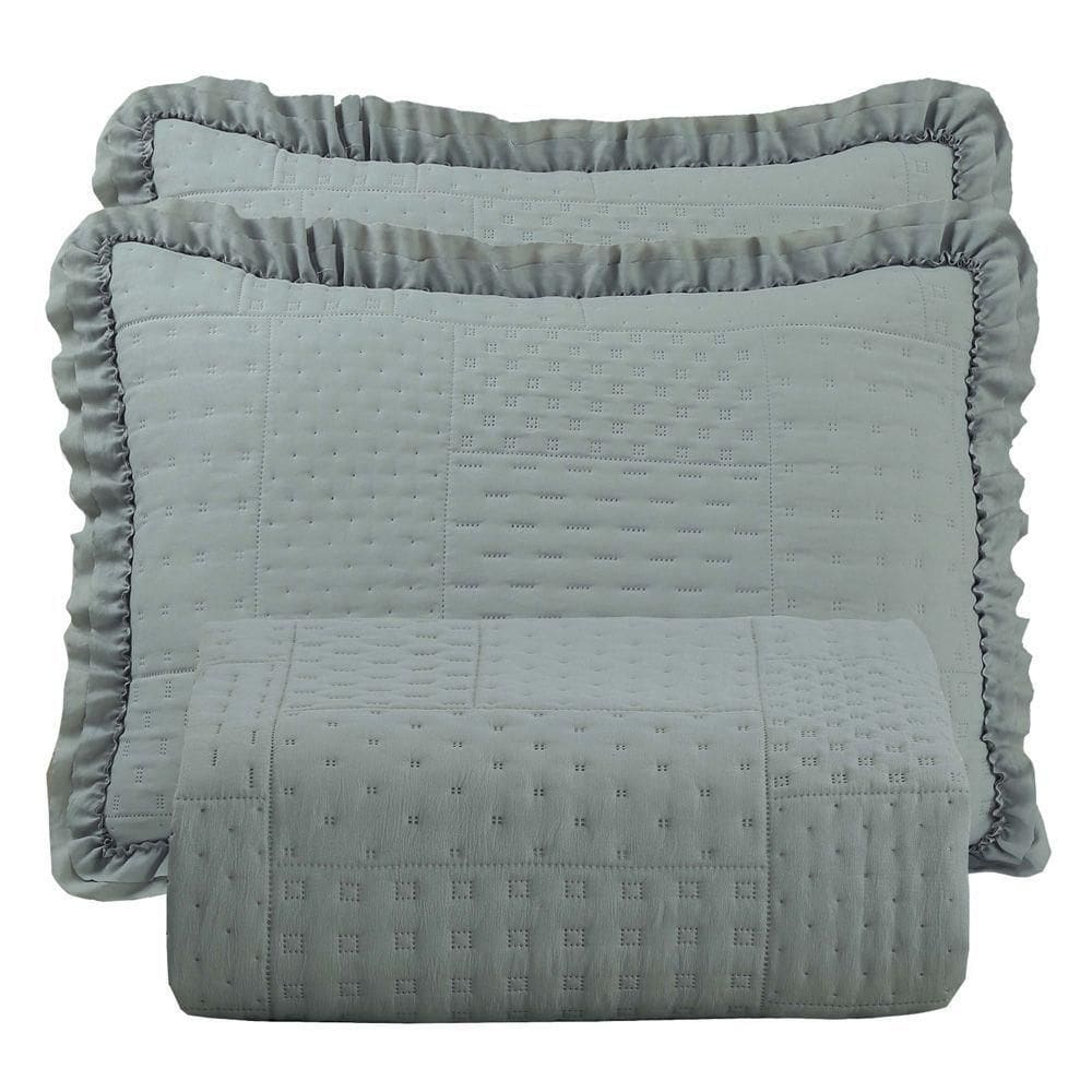 Kit Cobre Leito Colcha Casa Scarpa Maison Queen C/ Babado Percal 300 Fios 3 Peças - Cinza