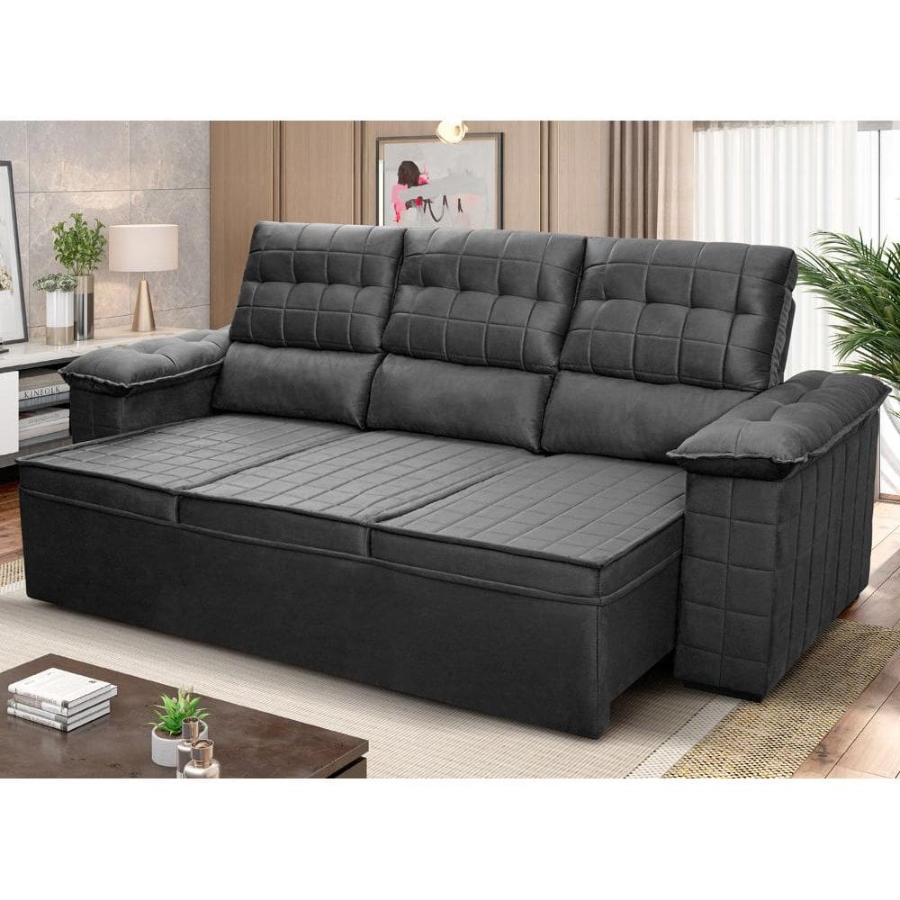 Sofá Retrátil Reclinável 4 lugares com molas 2,30m Quantum Suede Velut Cinza - King House