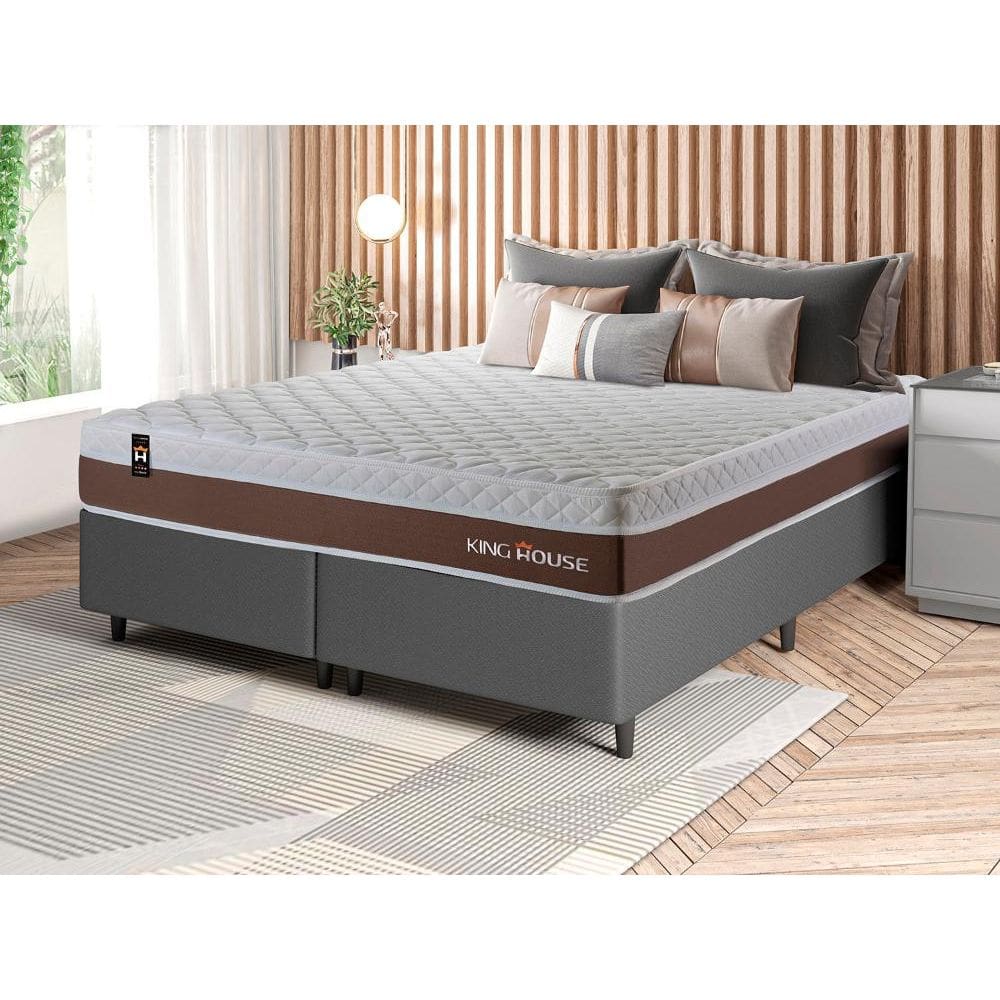 Conjunto Cama Box Cinza c/ Molas Ensacadas Venice Marrom King 193x203x60