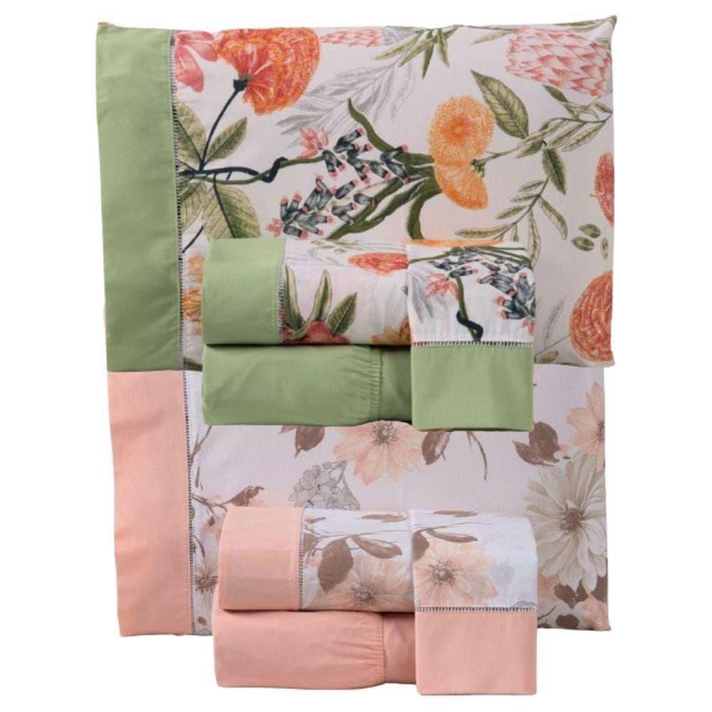 Combo 2 Jogo De Cama Lençol Queen California 4 Peças Verde Salmão 100% Poliéster