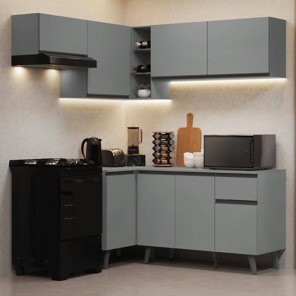 Armário De Cozinha Completa De Canto 325cm Nice Madesa 06 Cinza