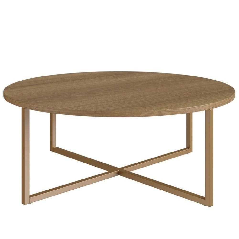 Mesa De Centro Redonda Artesano 70 Cm (larg) Tampo Em Mdp Hanover (mel) Base Metálica Em Aço Dourado
